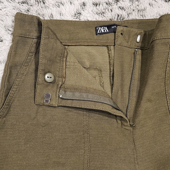 Zara SZ M Olive Green Straight Leg Flat Front Stretch Preppy Ankle Pants - Picture 4 of 12